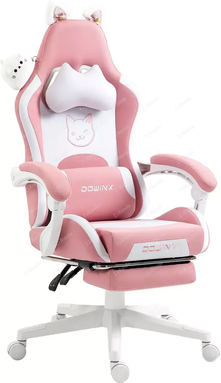 Dowinx Gaming Chair Cute with Cat Ears and Massage Lumbar Support, Ergonomic Computer Chair for Girl with Footrest