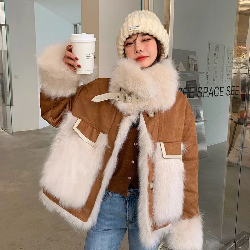 Deerskin Suede Coats Woman Winter 2023 High Quality Real Fox Fur Stitching Double-sided Single Breasted Women Jackets Parker