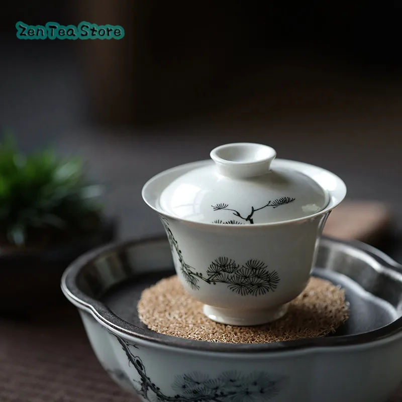 White Pottery Pine Cover Bowl Chinese Style Hand-painted Two Tea Cups Tea Bowl Retro Small Tea Bowl Not Hot Individual Tea Cup