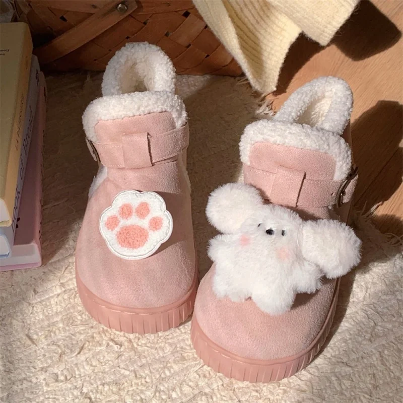 

Sweet Chunky-Soled Winter Heart-Shaped Loafers Soft Cute Cat Dog Plush Warmth Velcro Non-Slip Casual Cotton Shoes Women