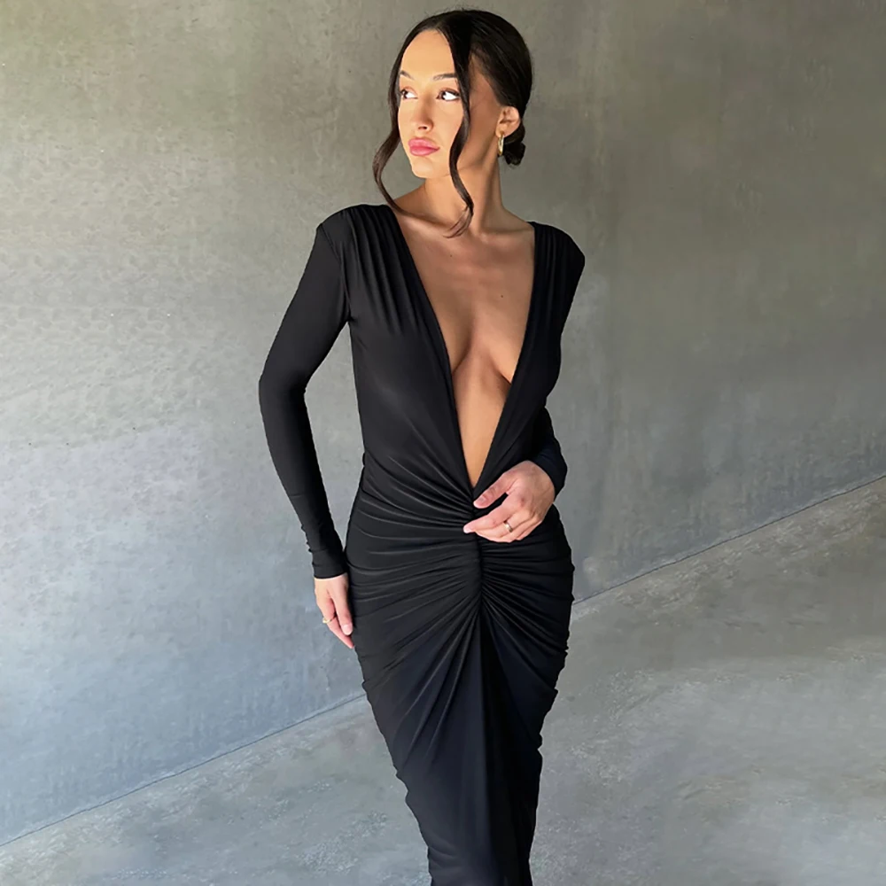 Sexy Deep V-Neck Ruched Solid Maxi Dress Body-Shaping Long Sleeve Elegant Evening Party 2023 Autumn Winter Classic Prom Dresses
