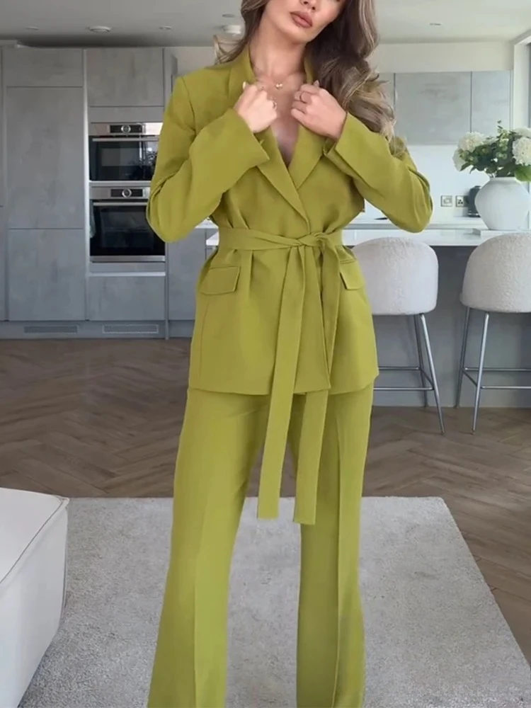 KONDALA Office Lady Chic Solid Women Suit Sashes Lace-up Pockets Slim Blazer Flare Pants New Fashion 2025 Spring Summer Sets