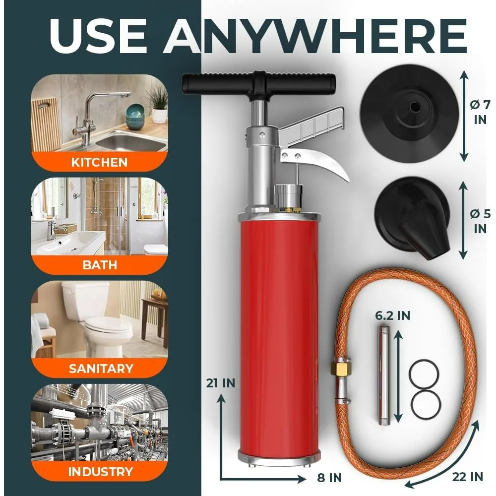 Blaster de drenagem XXL com acessórios duplos - êmbolo de ar de alta pressão de 100 PSI para bloqueios severos