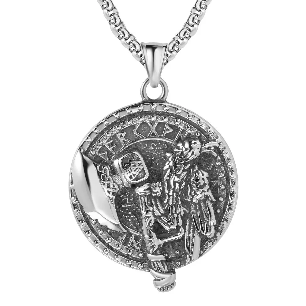 

European and American Personality Vintage Viking Axe Crow Men's Stainless Steel Pendant Necklaces Chain
