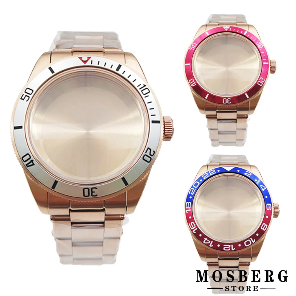 

39mm Rose Gold Watch Case With Watch Strap Bezel Domed Sapphire Glass Solid Stainless Steel For NH35 NH36 Watches Movement Parts