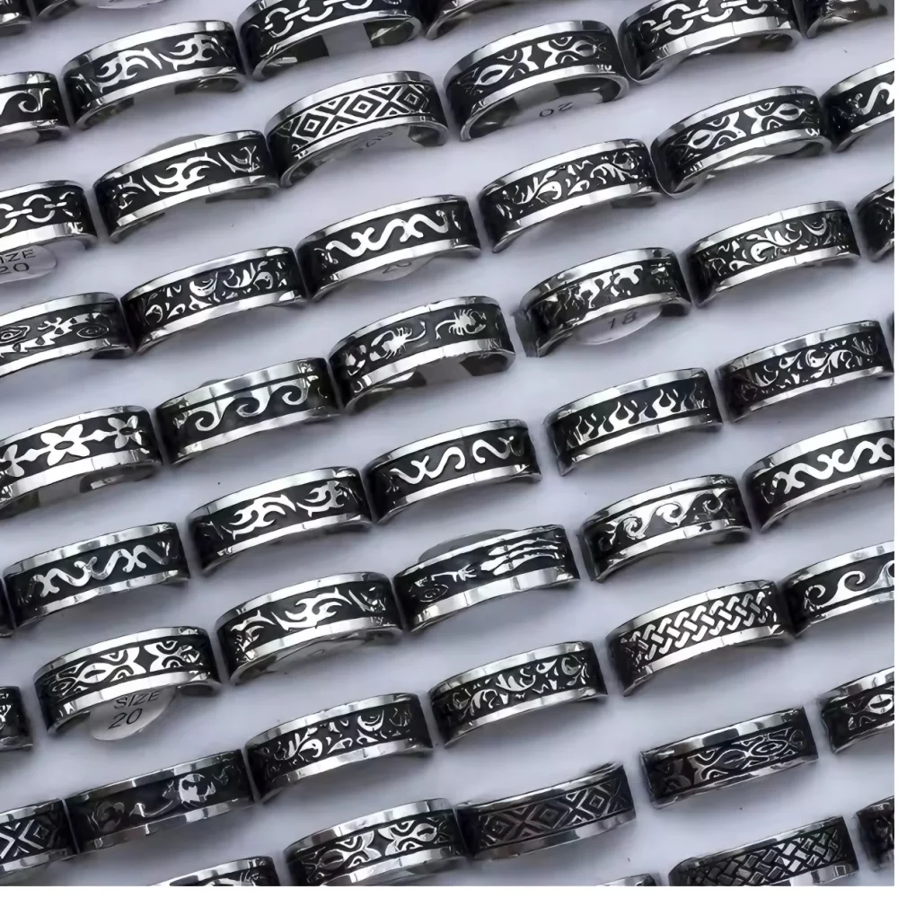 10/20/30/50Pcs/Lot Vintage Retro Stainless Steel Rings Men Women Fashion Carved Pattern Drip Oil Mixed Style Random Party Gifts
