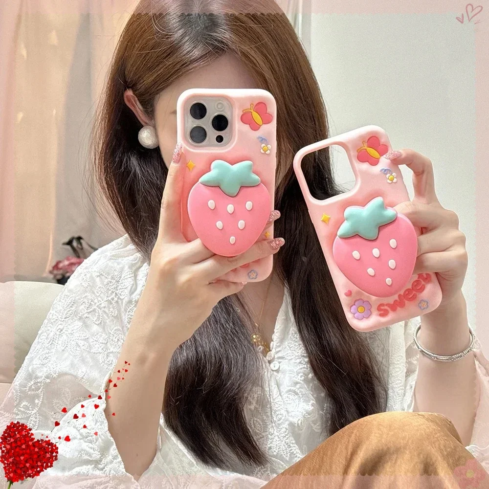 Simple Cute Three-dimensional Strawberry Stand Phone Case For iPhone 16 15 14 13 12 11Pro Max Drop-proof Silicone Soft Case