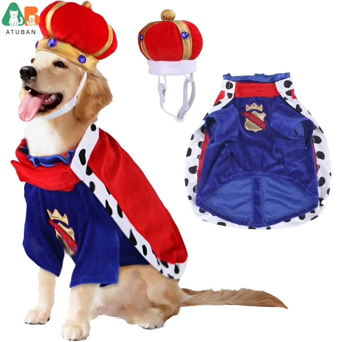 King Dog Costume Prince Royal Dog Cape Crown Velvet Lord Pet Outfits Clothes for Cat Dog Cosplay Party Holiday Funny Dress Up