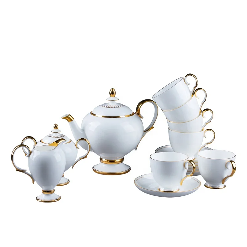 

Wholesale price coffee cup saucer set 15 pcs gold rim white ceramic tea cup sets porcelain