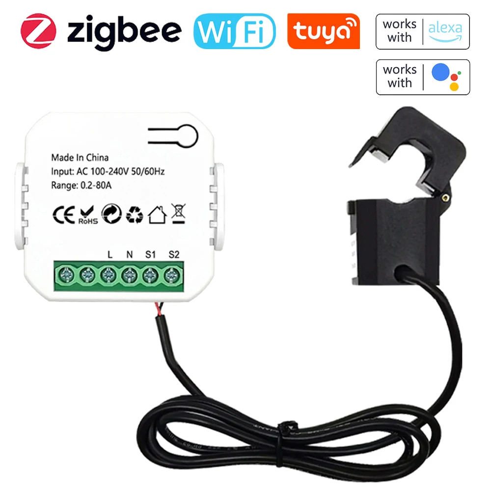 مقياس الطاقة ZigBee ، مشبك المحول الحالي ، جهاز مراقبة الطاقة KWh ، Tuya ، WiFi ، يعمل مع Alexa ، Google ، 80A