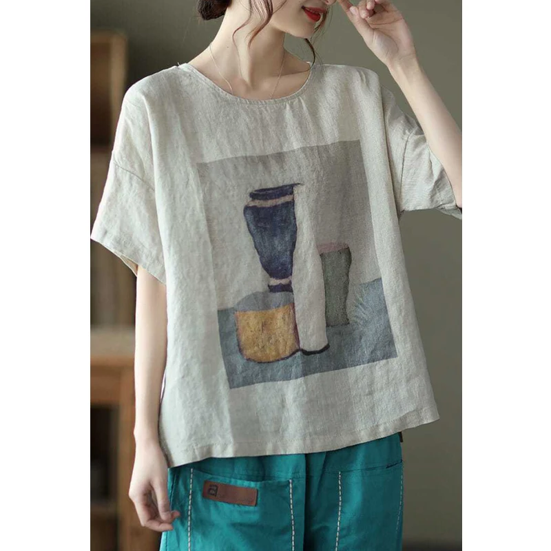 Women Vintage Art Print Cotton Linen Comfortable T Shirt Summer Simple Casual O Neck Short Sleeve Tees Loose Tops Ropa De Mujer