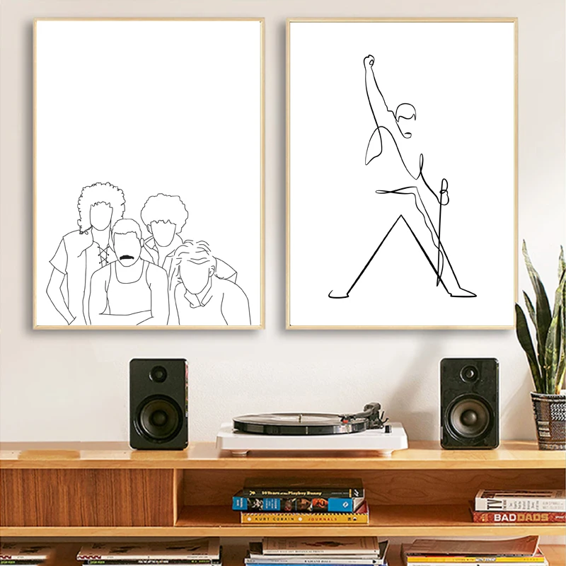 Freddie Mercury Silhouette Line Drawing Art Prints Black and White Minimalist Poster Music Wall Pictures Canvas Painting Deco