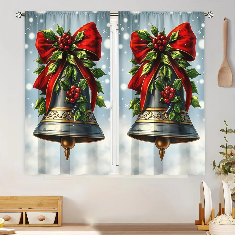 Christmas Bells Curtain Pair Festive Holiday Window Dressing Seasonal Decoration for Home Xmas Party