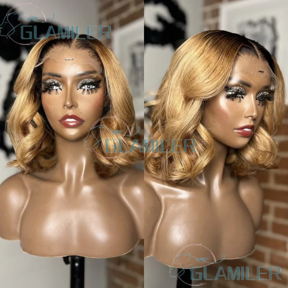 

Ombre Blonde Glueless Short Bob Wavy Wigs With Natural Hairline #1b/27 5x5 Silk Top Closure Wigs Human Hair 13x6/360 Lace Wigs