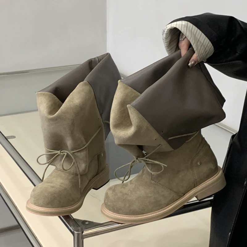 Eilyken Winter Designer Retro Pleated Foldable Round Toe Women Lace Up Ankle Boots Square Heels Shoes Botines Zapatos Mujer
