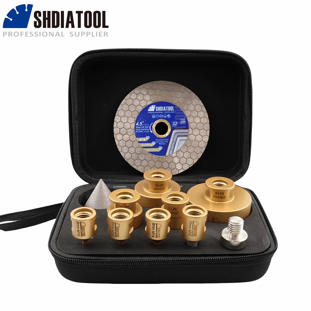 SHDIATOOL 10Pcs Diamond Drill Bits Sets Dia6-68mm Hole Saw+50mm Chamfer Bit+10mm Milling Bits+Dia115mm Double-side Cutting Disc