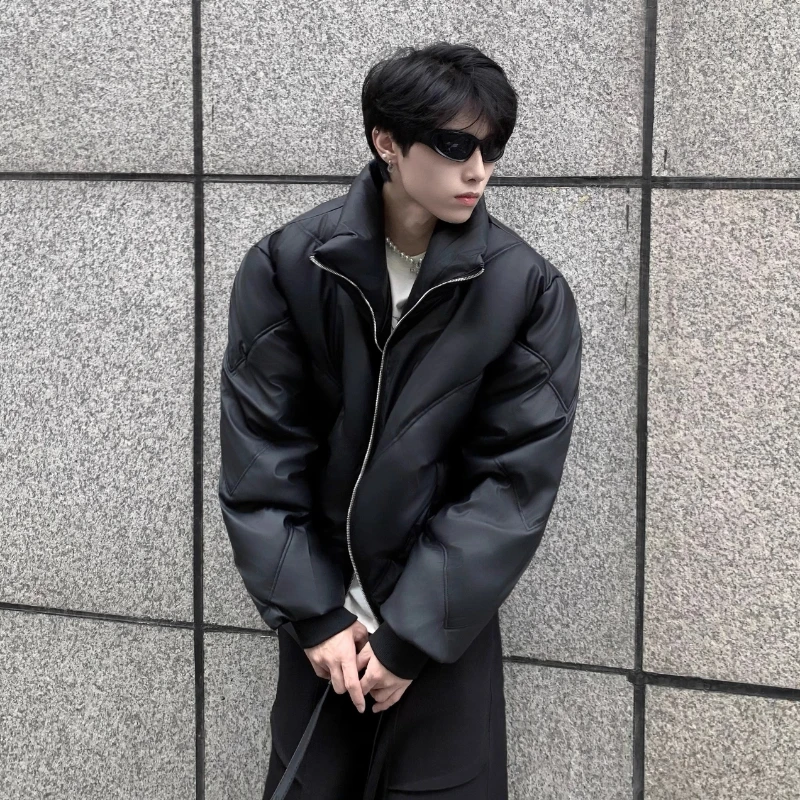 Fashion Stand Collar Thickened PU Leather Parkas Men 2025 Winter New Warm Padded High-end Parkas Long Sleeve Solid Color Coats