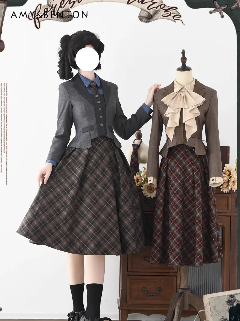 

Original British Style Retro Elegant Plaid Versatile Strap Dress for Women College Style Classic Slim Mid-Length Puff Dresses