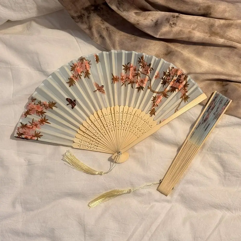 Vintage Style Chinese Japanese Folding Fan Colorful Shank Classical Dance Fan Creative Tassel Elegent Female Fan Photo Props