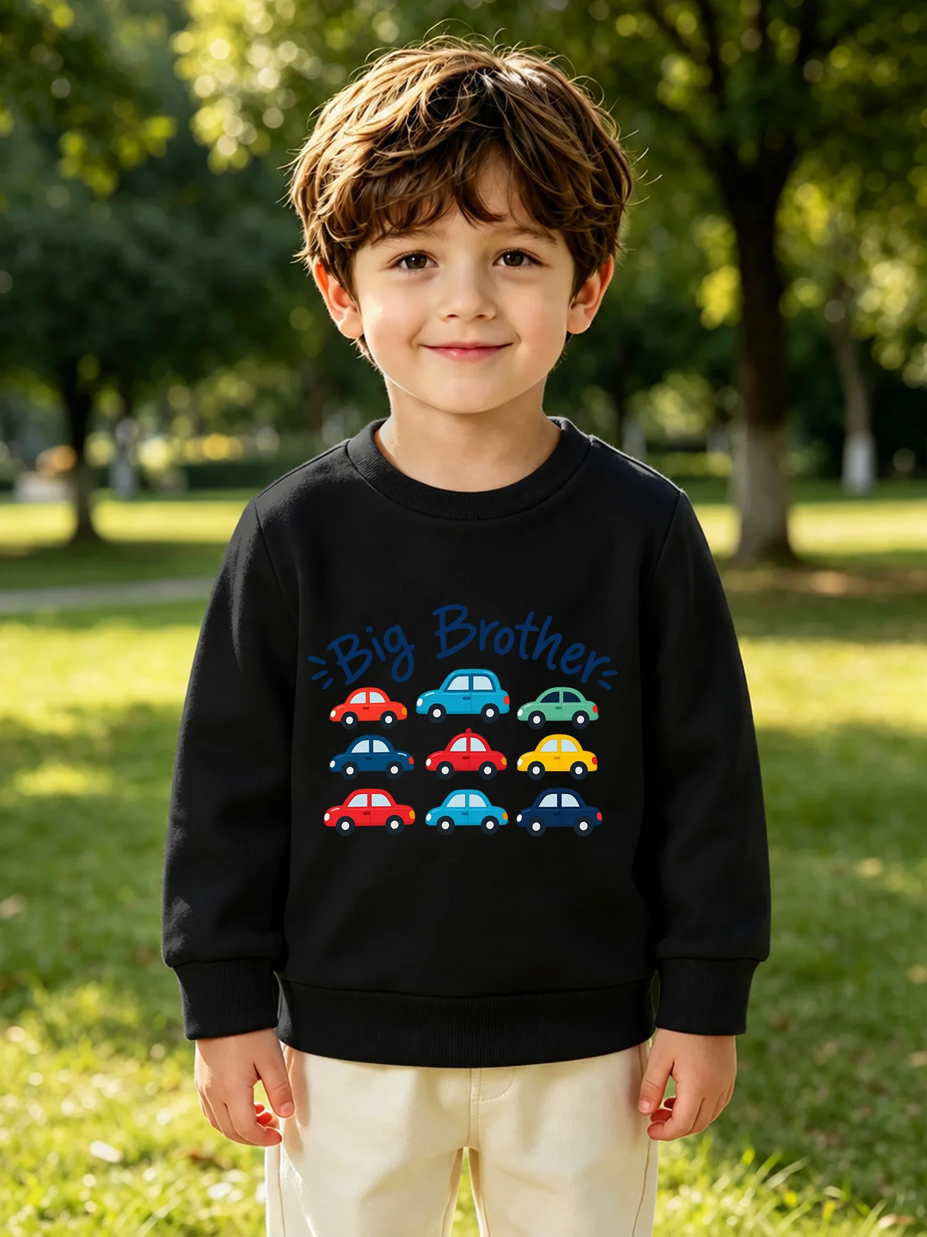 Kids Crew Neck Sweatshirt Cartoon Car Print Long Sleeve Top Big Brother Theme Boys Casual Pullover Sweatshirt