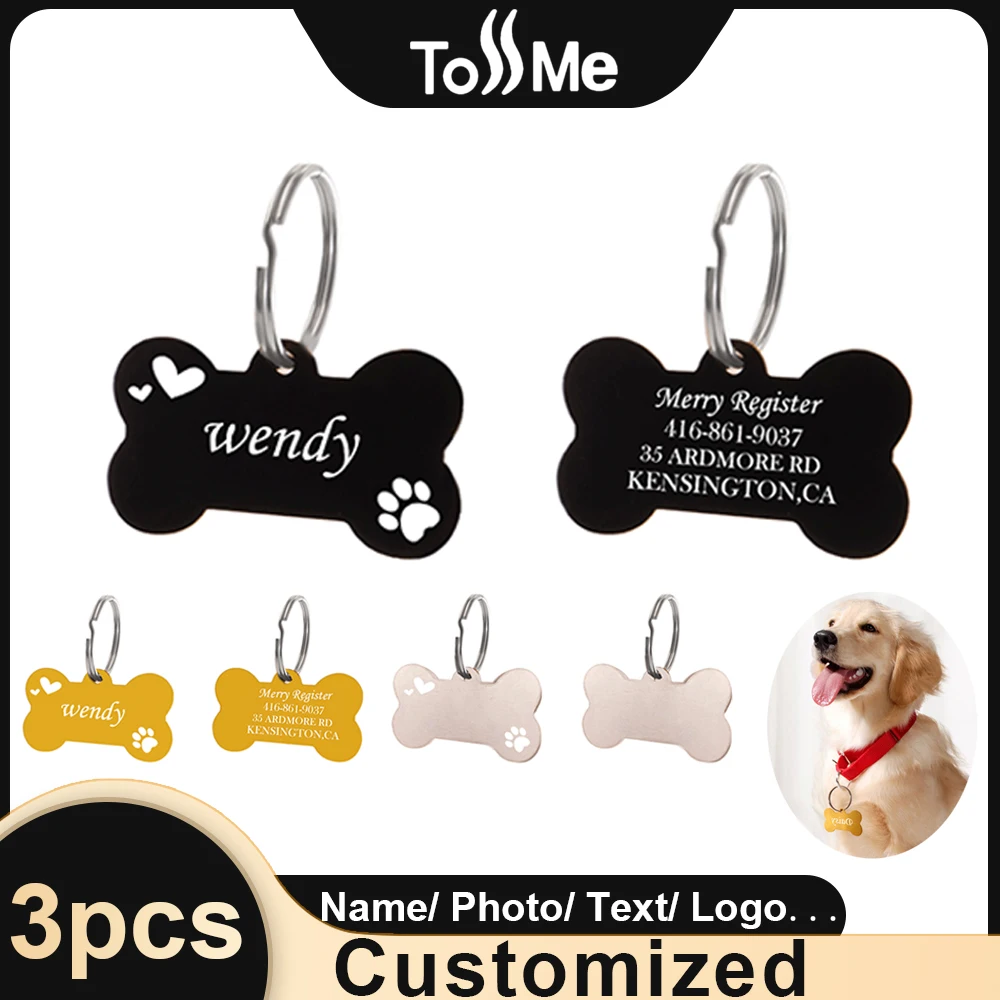 

ToSSMe 3Pcs/Lot Free Customized Pet Name ID Tag Dog Bone Anti Loss Pet Pendant Necklace Chain Wholesale