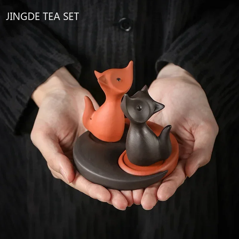 Boutique Cute Little Fox Handmade Tea Pet Decoration Purple Clay Tea Set Accessories Creative Tea Table Ornament Handmade Crafts