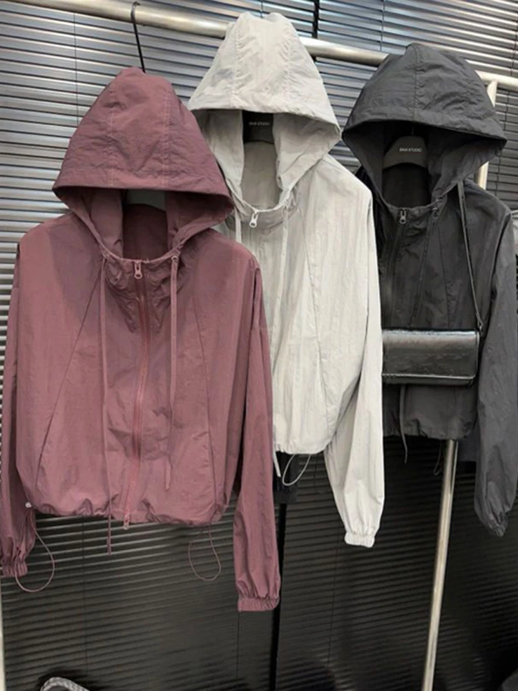 Loose Women's Zipper Hoodie Casual  Color Design Simple Versatile High-End Feel Drawstring Outerwear Sun Protection