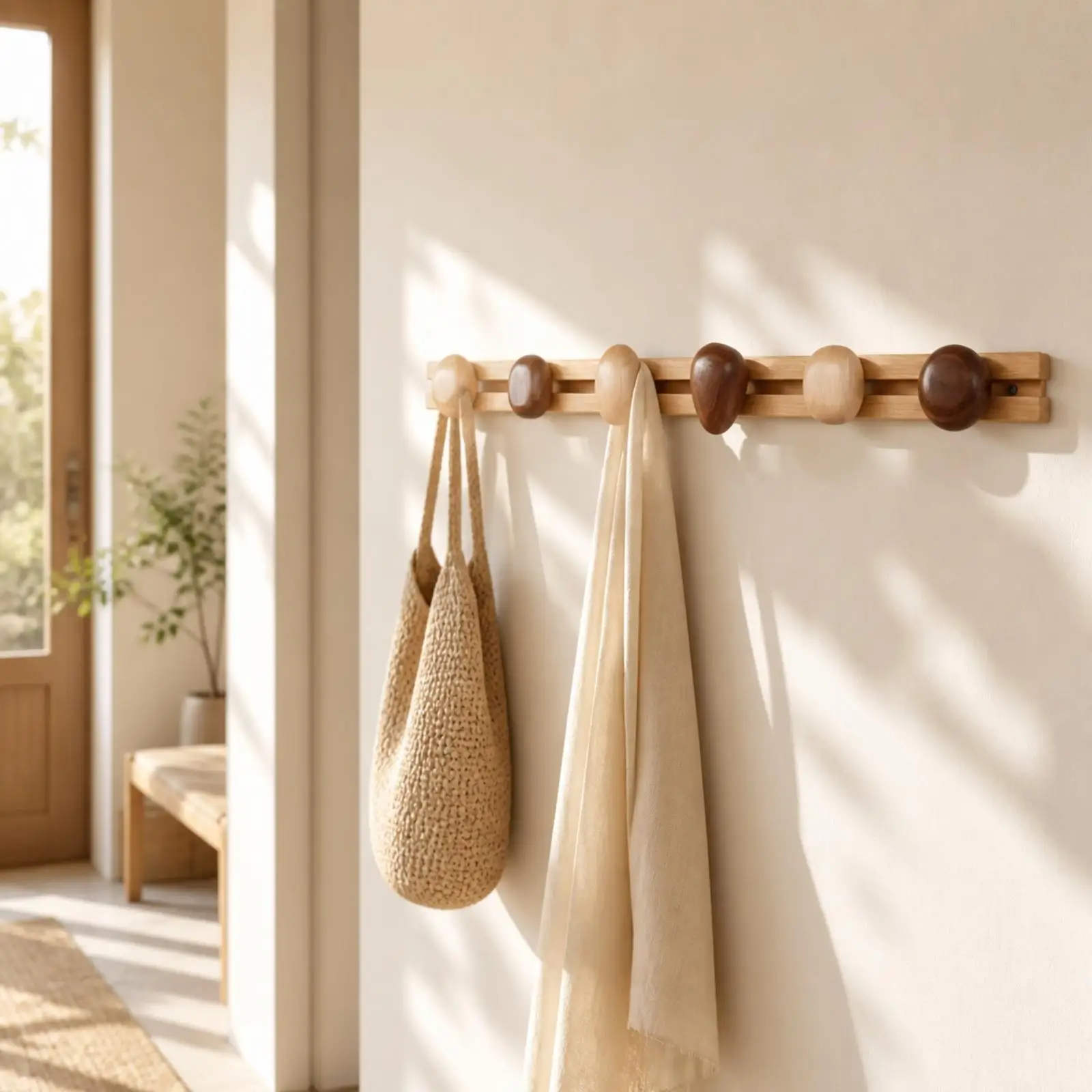 Wooden Wall Coat Rack 6 Hook Walnut Finish Screwless Design for Entryway Hallway Lightweight Organization