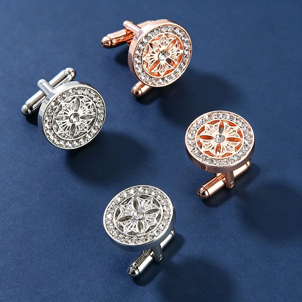 Klassische Manschettenknöpfe mit Blumengravur für Herren Luxuriöse Funkelnde Strass-Dekorative Runde Manschettenknöpfe Formeller Schmuck – Detail 12