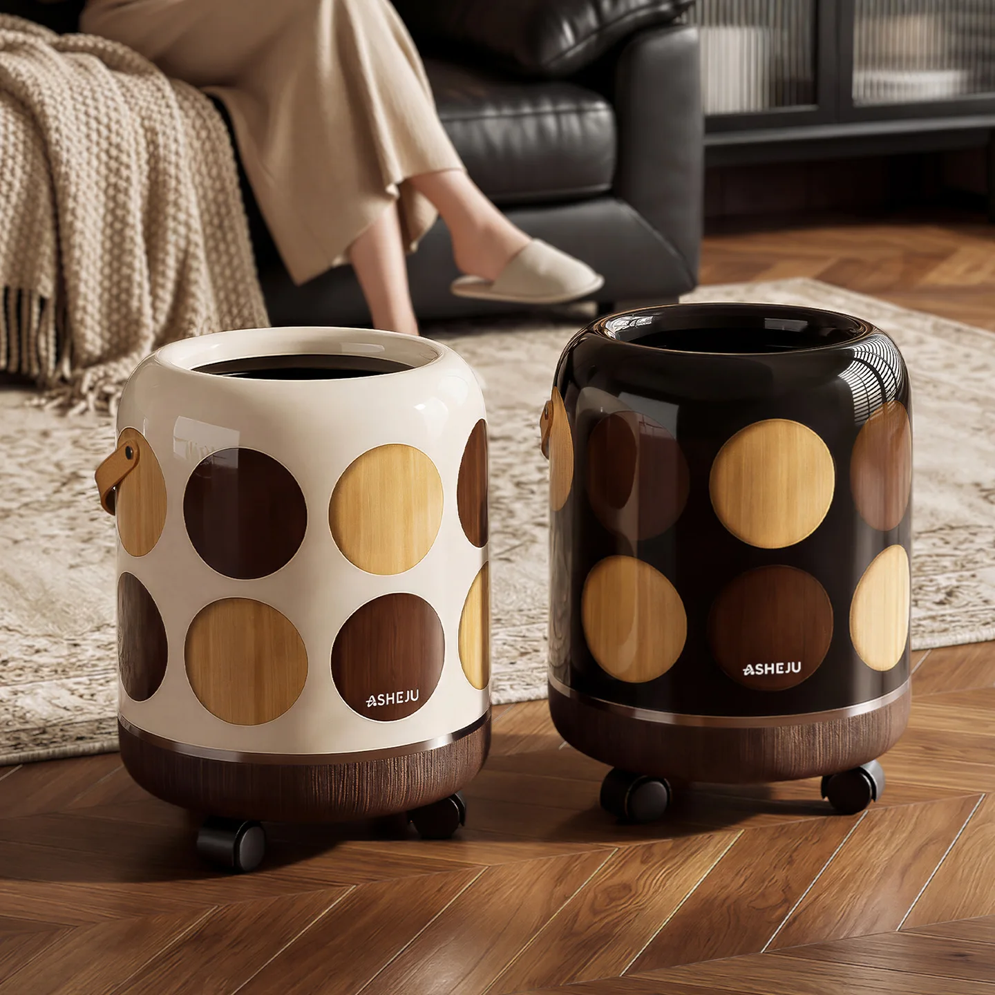 DS antique trash can household living room bedroom light luxury with wheels creative storage bucket high value