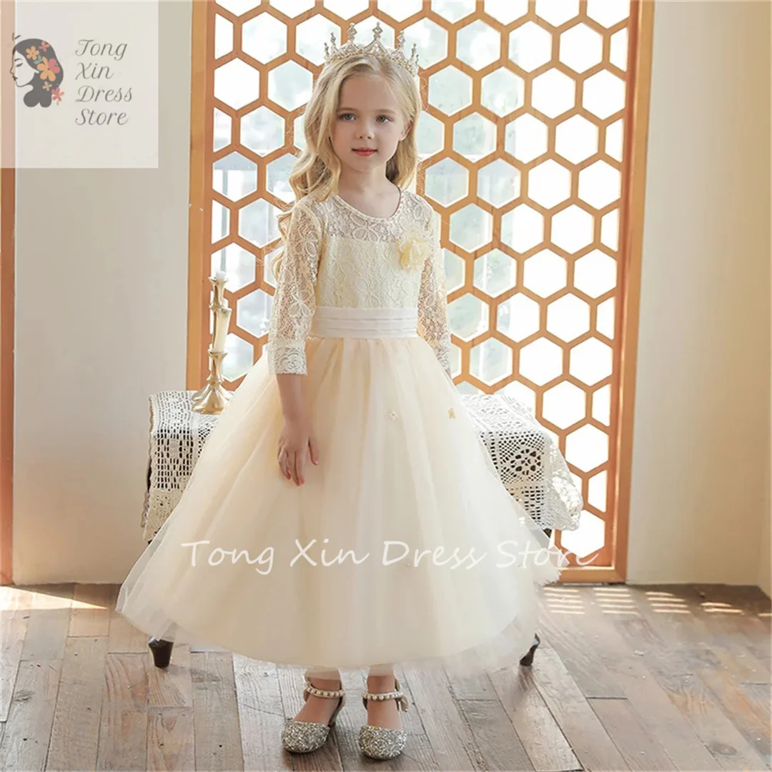 

Flower Girl Dresses Quartered Sleeves With Round Neck Appliqué Children's Piano Show Host Dress First Communion Birthday Ball