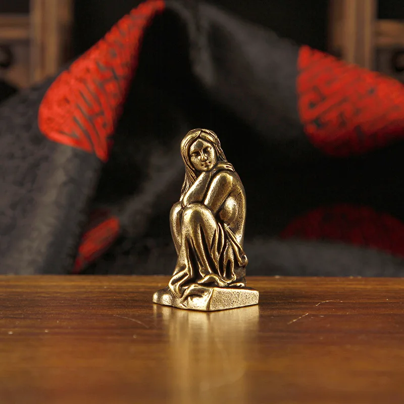 Brass contemplative figurine, vintage beauty goddess statue, desktop decoration, copper craft ornament