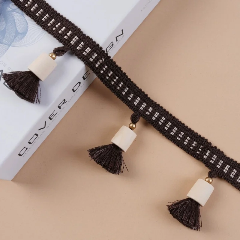 QGVLish 6M/Lot Wooden Balls Curtain Tassel Fringe Lace Trims DIY For Sofa Stage Valance Edge Decor Ribbon Curtain Accessories