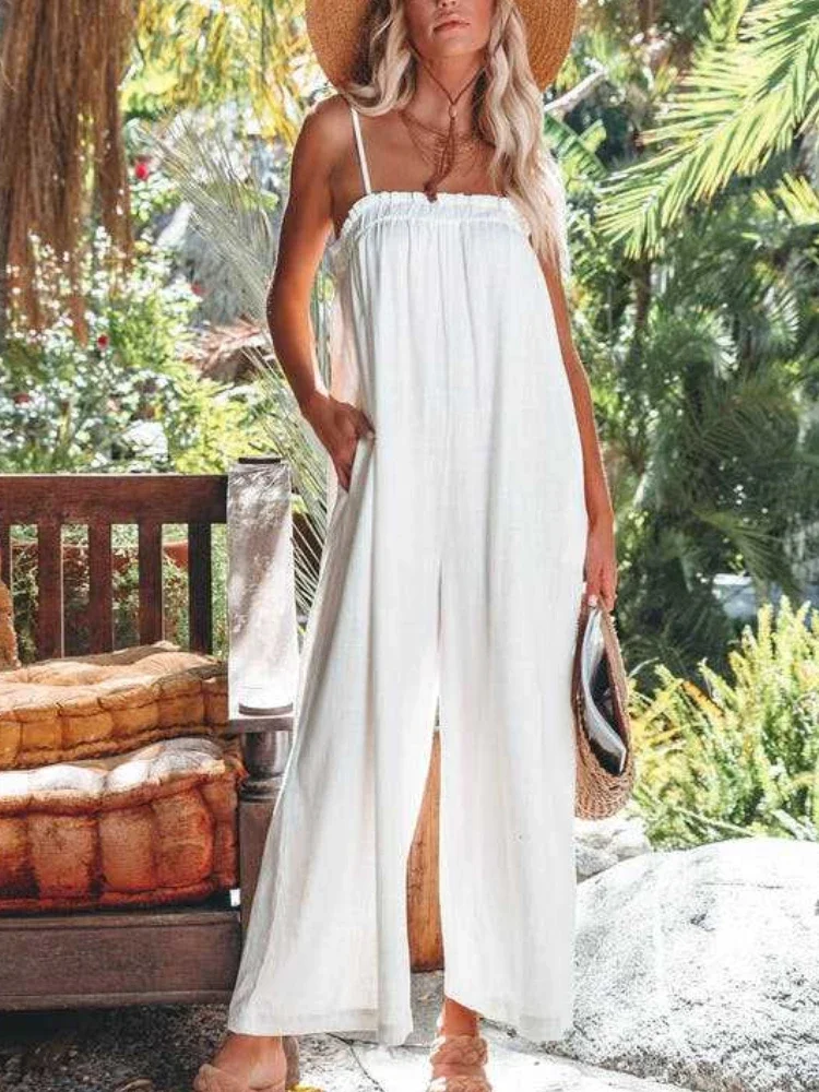 

2024 White Cotton Linen Jumpsuit for Women Spaghetti Camis Overalls Summer Vintage Loose Wide Leg Playsuits Pocket Bodysuits