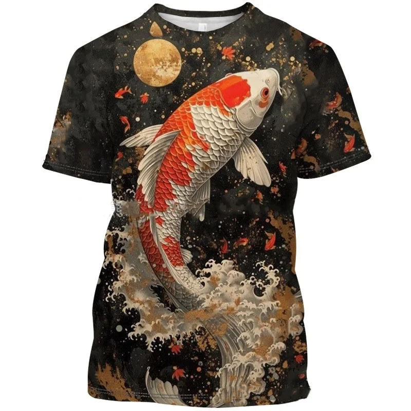 Koi Goldfish Pattern T-Shirt For Men Fun Fish 3D Printed Short Sleeve Tees Fashion Unisex Street Round Neck T Shirts Kids Tops