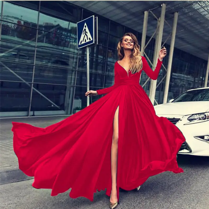 

Women's Autumn Full Sleeve V-neck Empire Long Maxi Split Dress Party Evening Banquet Vestido Sundress New 2023 Women Clothing