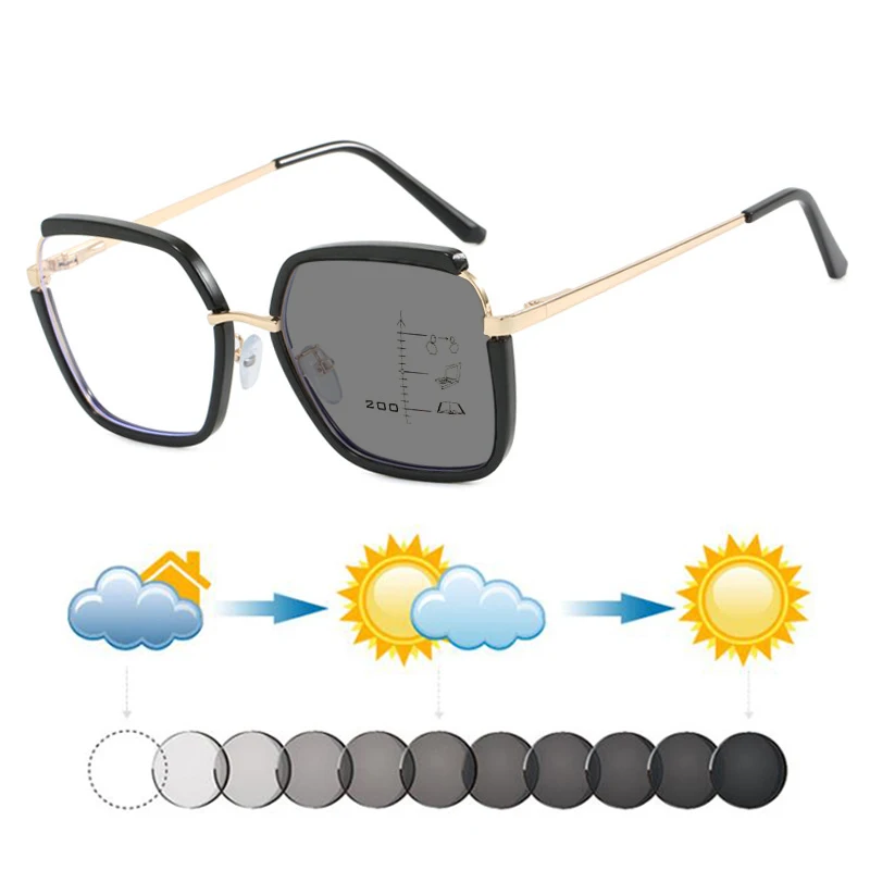 New Women TR90 Irregular Square Patchwork Fashion Progressive Photochromic Reading Sunglasses Look Near Far Hyperopia Sunnies
