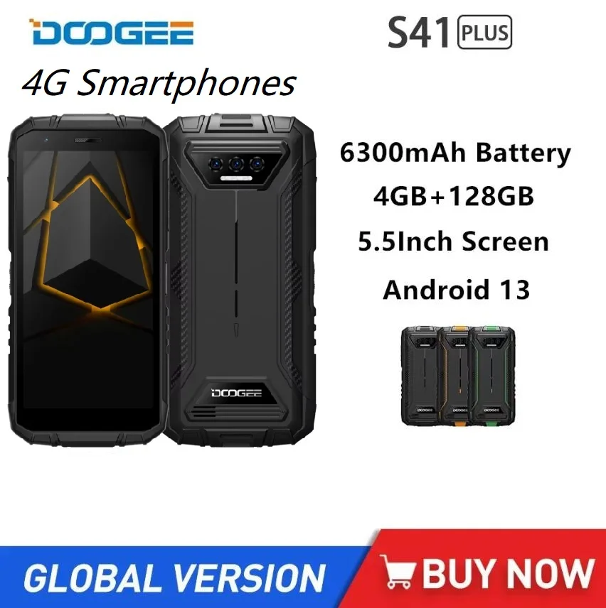 DOOGEE S41 Plus Rugged 4G Smartphones Android 13 ,5.5Inch Touch Screen Octa Core 4GB+128GB Mobile Phone 13MP Camera 6300mAh NFC