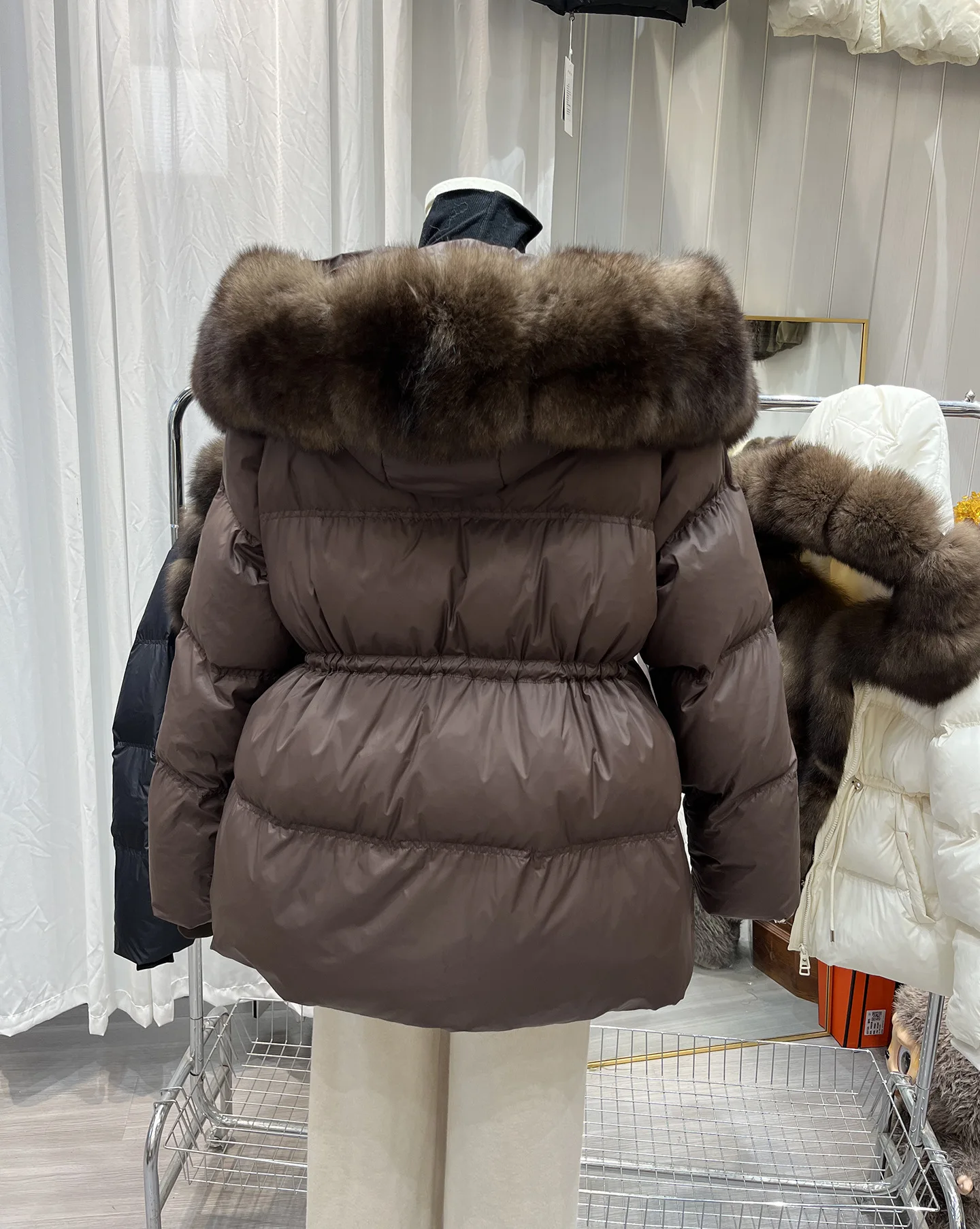 Winter Hooded Warm Drawstring Zipper Mid-length Jacket Women Natural Large Fur Collar Down Jacket Female White Duck Down Outwear