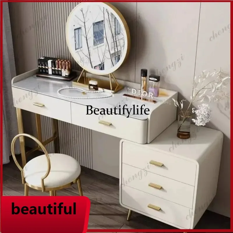 F181 Luxury Light Vanity Desk Economic Compact Cream Fluted Seat Mirror Dressing Table Cabinet Lounges Coiffeuse De Chambre