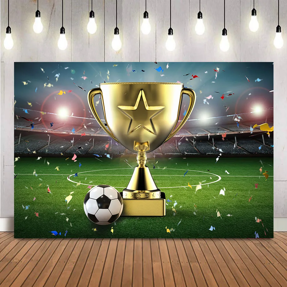 Trophy Cup Birthday Backdrop for Football Theme Decoration Green Grass Sport Auditorium Shining Light Photo Background Decor