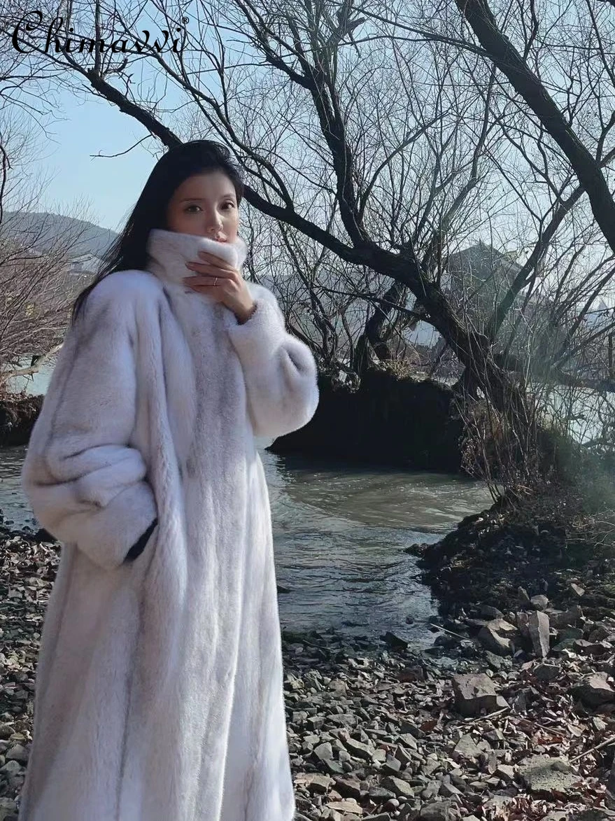 High-end Winter Warm Cross Mink Fur Fashion Stand-up Collar Long Sleeve Luxury Elegant Long Mink Velvet Coat Women's Faux Fur