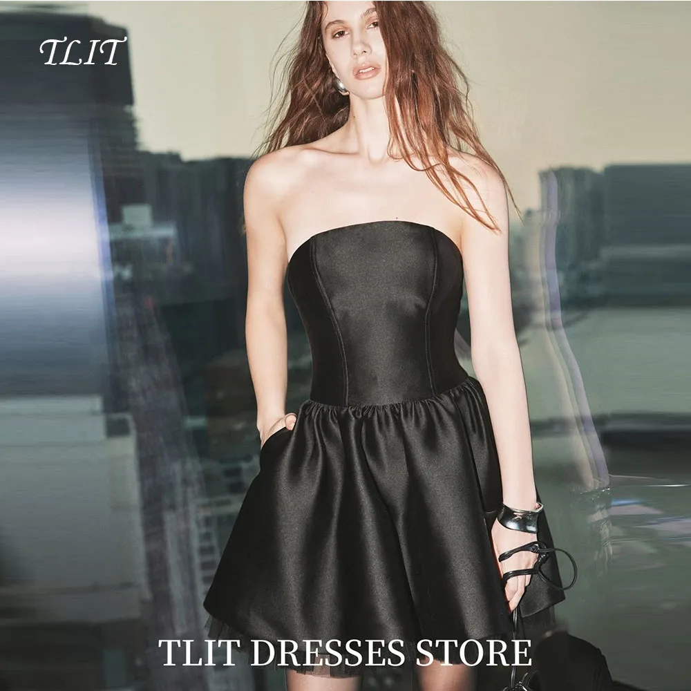 

TLIT Sexy Black A-LINE Satin Draped Evening Gown Dress Sleeveless Mini-Length Strapless Prom Gown Customized Formal Party