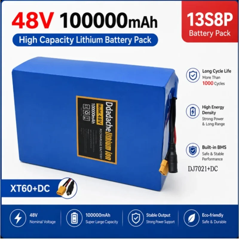 13S8P 48V 100Ah Lithium-Batteriepack 100000mAh 2000W E-Bike-Batterie mit eingebautem 50A BMS und 54,6V-Ladegerät, Versand aus Polen