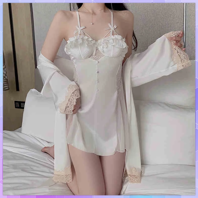 

Сексуальная сорочка, халат, женская ночная рубашка, комплект ночной рубашки, комплект из 2 предметов, однотонная пижама, кружевной атласный халат из искусственного шелка, домашнее платье, ночная рубашка