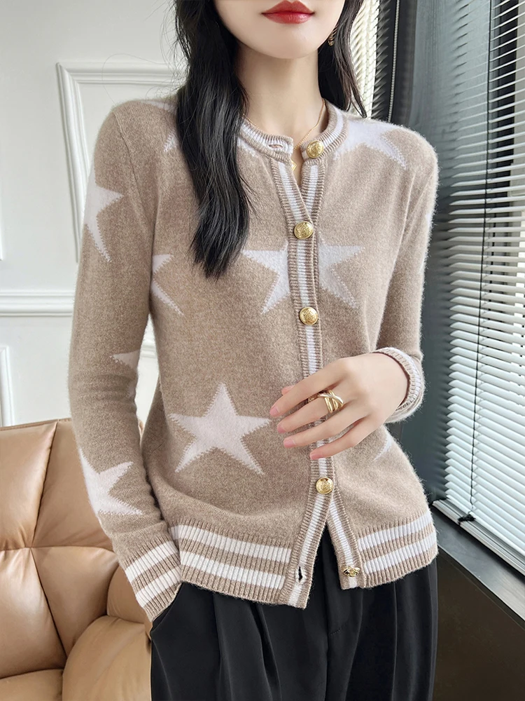 

100% Pure Wool Cardigans Women's O-Neck Stripe Knitted Coat Fashion Jacquard Loose Large Size Sweater Autumn New Female Jacket