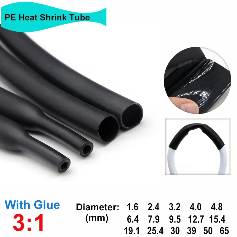 

5/100M 3:1 Black Heat Shrink Tube With Glue 1.6~65mm Wire Insulation Case Heat Shrinkable Sleeve Electric Cable Wrap Sheath