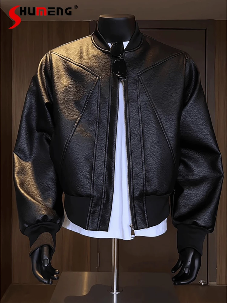 

Masculinity Long Sleeve Solid Color Faux Leather Jackets Men 2025 Autumn New Faux Leather Coats Men's Handsome Baseball Jackets