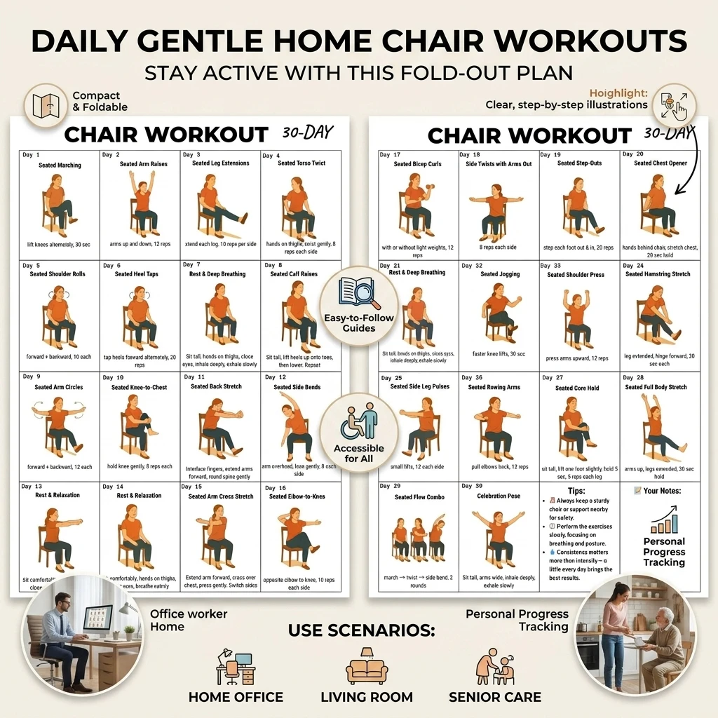 30 Day Chair Fitness Plan Chart for Seniors and Beginners Seated Workout Guide with Instructions Progress Tracker Rehabilitation