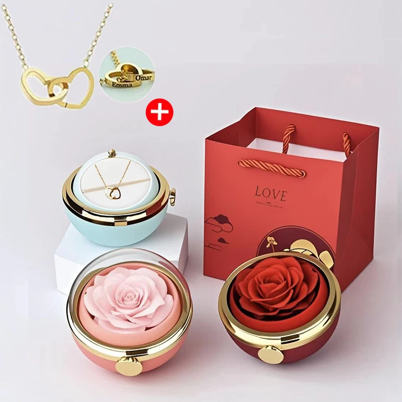 2025 New Custom Name Heart Necklace Cute Rotating Rose Box Pendant Jewelry Gift For Mother's Day Valentine's Anniversary Present